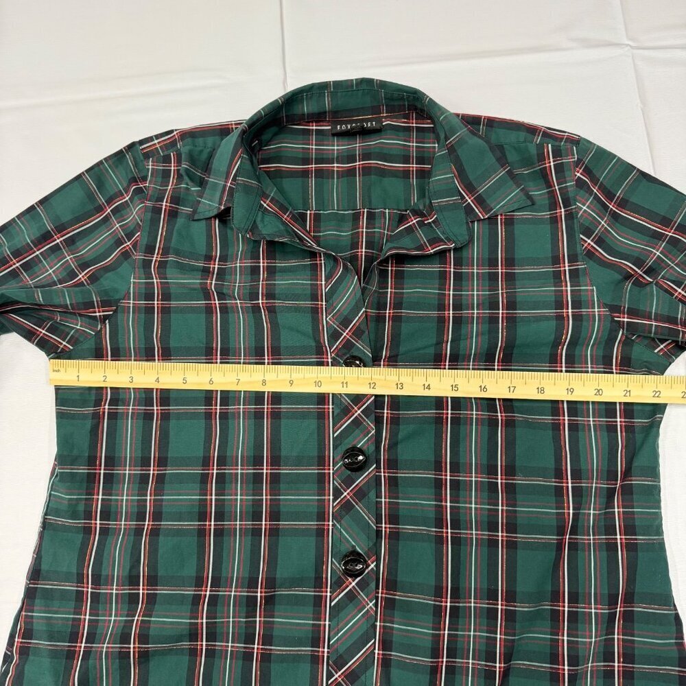 Foxcroft plaid shirt women's size 16 green decorative buttons 3/4 sleeves - Picture 12 of 12